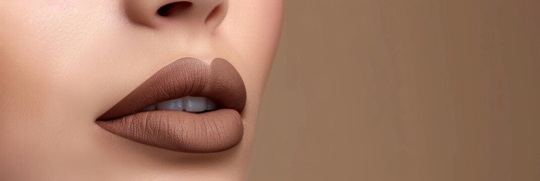 Elegant close-up of lips showcasing a matte brown lipstick look. Place for text on a brown background