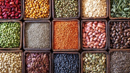 Balanced diet food background. Organic food for healthy nutrition, superfoods, meat, fish, legumes, nuts, seeds and greens