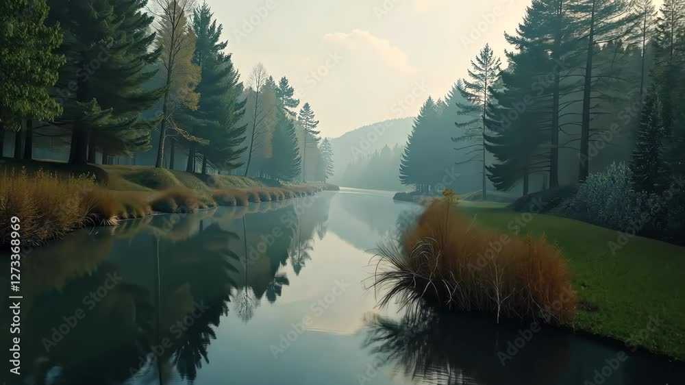 Poster a river with trees on both sides. the water is calm and clear. the trees are tall and green