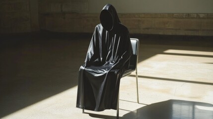 A hooded figure sits silently on a chair