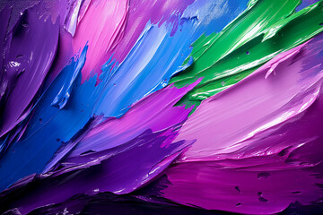 Fototapeta premium Thrill Ride Strokes - Dynamic Electric Purple, Neon Green, and Vivid Blue Oil Brush Strokes in Motion, Creating an Exciting and Chaotic Abstract Composition
