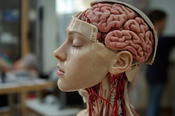 Realistic humanoid robot with exposed brain and nervous system, exploring themes of artificial intelligence, robotics, and the future of technology