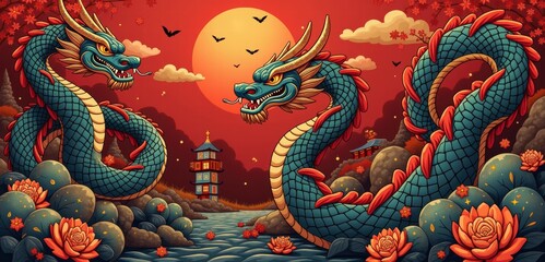 Obraz premium Vibrant Asian-inspired artwork featuring two majestic dragons amidst a serene landscape, perfect for cultural, artistic, or decorative themes.