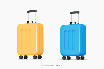 3D Yellow and blue suitcases for travel. Cabin luggage. Plastic bag for flight. Journey concept. Time to tourism and vacation. Booking your next trip. Cartoon design icon set. 3D Vector illustration