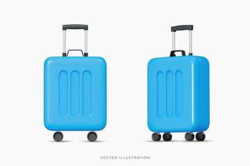 3D Blue wheeled suitcase for travel. Cabin luggage. Plastic bag for flight. Journey concept. Time to tourism and vacation. Booking your next trip. Cartoon design icon set. 3D Vector illustration