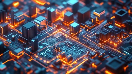 Obraz premium digital city with buildings and glowing pathways.