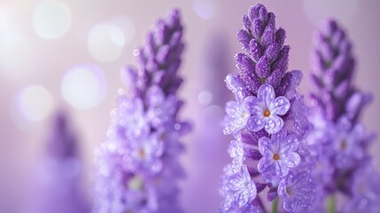 Delicate Lavender Blossoms with Dew Drops in Soft Focus Background
