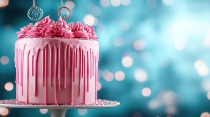 An elegant pink drip cake featuring beautifully arranged frosting and an enchanting bokeh backdrop, perfect for celebrating special moments with loved ones.