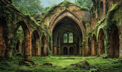 Obraz premium Abandoned Gothic Ruins Surrounded by Lush Greenery in a Serene Forest Setting