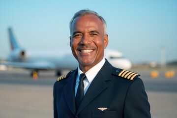 Head and shoulders portrait of a Belizean smiling 50 years old male airplane captain pilot in uniform.