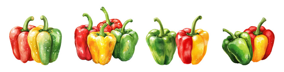 Watercolor set of sweet peppers. Watercolor paprika in red, yellow and green colors. Bell pepper. Vegetables and fresh produce concept. Vector illustration.