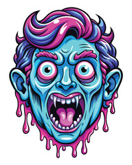 Generate a surreal cartoon face with exaggerated swirling features, vibrant colors, and a dreamlike, whimsical style.  Focus on expressive eyes and a distorted mouth.