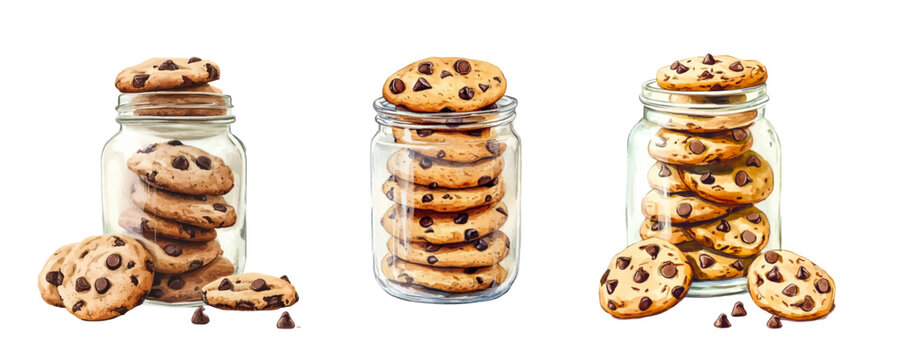 Watercolor set of jars with American cookies. American cookies with chocolate chips stacked in a glass jar. Concept of sweets, cookies, etc. Vector illustration.