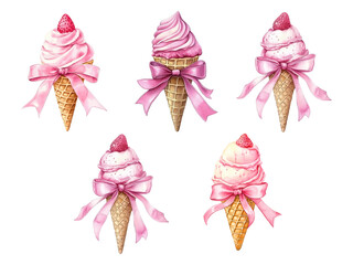 Watercolor set of strawberry ice cream in waffle cones. Strawberry ice cream in waffle cones decorated with strawberry berry and pink satin ribbon bow. Refreshing summer desserts. Vector illustration.