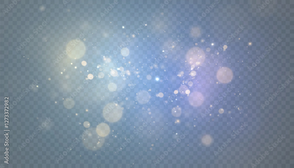 Poster Glowing bokeh effect and shimmering highlights with bright particles, vibrant light effect isolated on transparent background. Vector