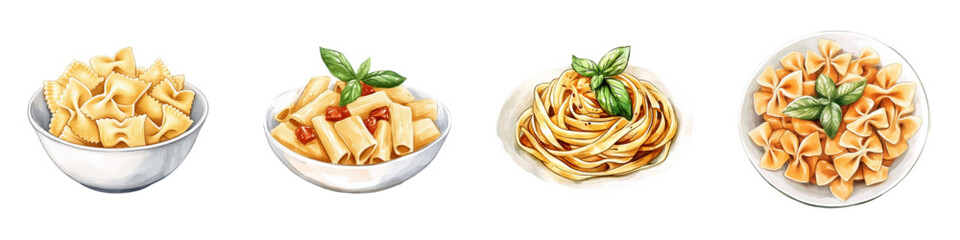 Watercolor set of pasta in plates. Italian smagetti, farfalle, rigatoni and penne. Italian variety of pasta garnished with a sprig of basil. Dinner concept. Vector illustration.