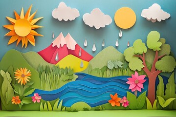 Colorful paper cut-out landscape scene with sun, mountains, and trees.