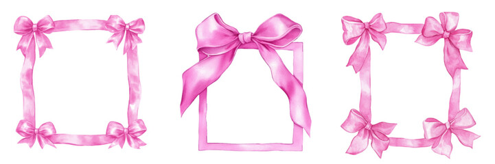 Watercolor set of frames from satin pink ribbons decorated with bows. Frames for greeting cards, wedding and birthday, picnic invitations in cute elegant coquette style. 