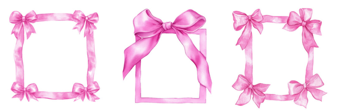 Watercolor set of frames from satin pink ribbons decorated with bows. Frames for greeting cards, wedding and birthday, picnic invitations in cute elegant coquette style. 