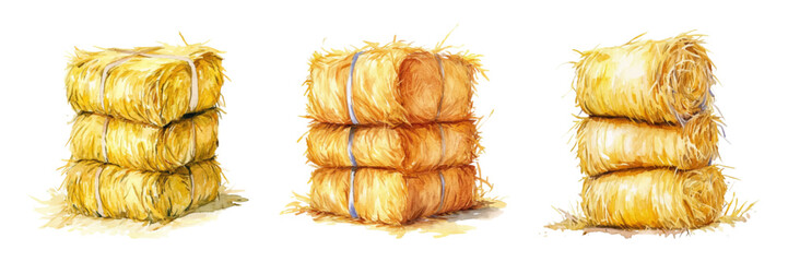 Watercolor set of hay bales on isolated background. Yellow haystacks stacked in bales of wheat straw for feeding or caring for farm animals. Farm and agriculture concept. © Narin