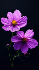 Fototapeta premium Purple simple flowers with dew drops on a black background.