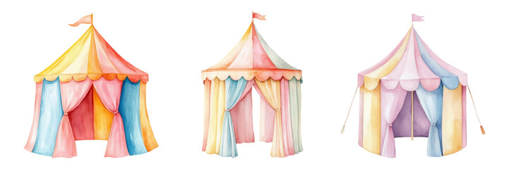 Watercolor tent set png. Pastel circus tent, fair, fairground, etc. Children's tent with flag. Bright circus tent in bright yellow, pink and blue colors ready for outdoor meeting. © Narin