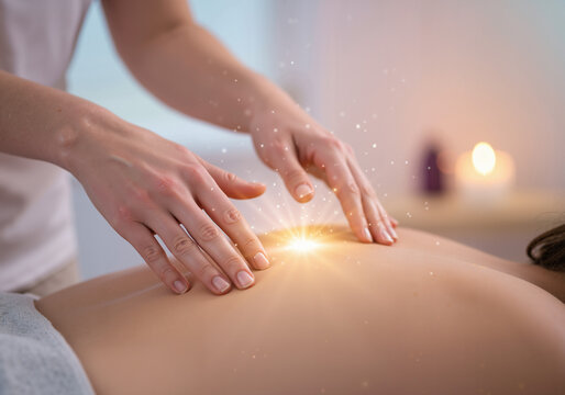 Massage therapist performing healing touch on patient in spa room