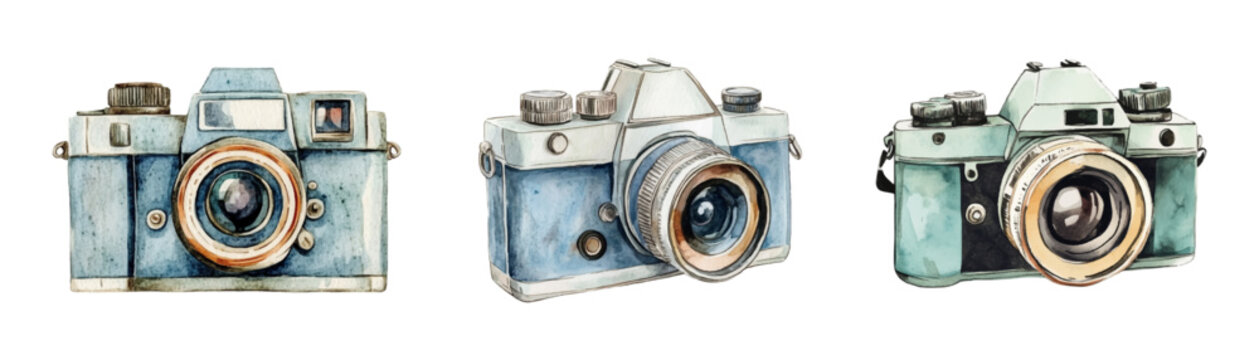 Watercolor set of vintage photo cameras png. Retro photo cameras for taking photos. Elements for vintage designs, collages, etc. vector illustration.