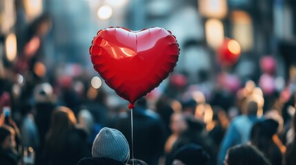 red heart-shaped balloon floating above a crowd during a Valentine s Day parade.