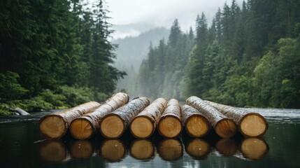 Log raft floating on river with forested mountain backdrop