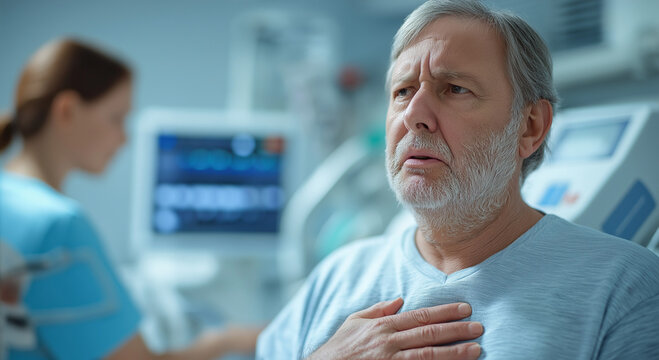 Anxious elderly man experiencing breathing difficulty in hospital, health awareness