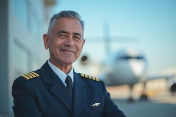 Head and shoulders portrait of a Colombian smiling 50 years old male airplane captain pilot in uniform.