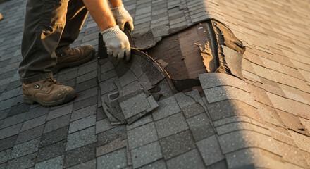 Worker repairing damaged roof shingles