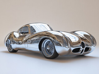 a futuristic, metallic car sculpture with a smooth, flowing design. The sculpture is made of polished metal, reflecting the surrounding environment. The shape is abstract 