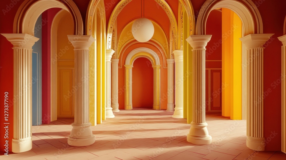 Poster colorful corridor with classical columns and arches