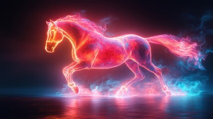 Fiery horse running, dark studio, energy, motion graphic