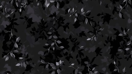 Dark floral camo pattern, leaves on black background, textile design