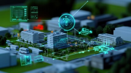 Innovative digital monitoring system urban environment 3d visualization high-tech infrastructure aerial perspective smart city concept