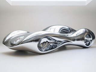 a futuristic, metallic car sculpture with a smooth, flowing design. The sculpture is made of polished metal, reflecting the surrounding environment. The shape is abstract 