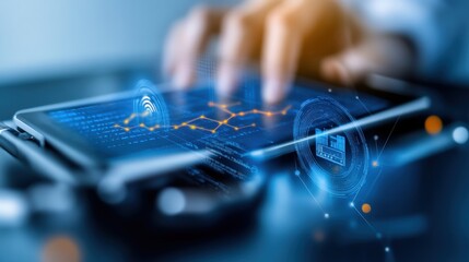 Analyzing data trends using touchscreen technology in a modern office environment for business insights