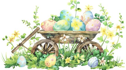 Watercolor painting of a rustic wooden wheelbarrow filled with colorful Easter eggs and surrounded by spring flowers