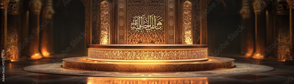 Poster ornate golden platform in an islamic architecture setting