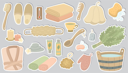 Set of stickers with bath accessories for sauna, wellness and spa. Wooden bucket,  broom made of leaves, soap, washcloths, towels, cosmetics and other items
