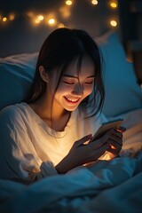 Fototapeta premium Young chinese woman using smartphone at night in bed. smiling while texting