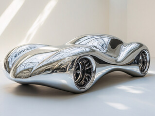 a futuristic, metallic car sculpture with a smooth, flowing design. The sculpture is made of polished metal, reflecting the surrounding environment. The shape is abstract 