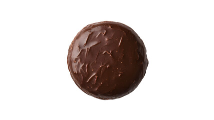 Overhead close-up shot of a single, round, dark chocolate confectionery with a glossy finish on a transparent background