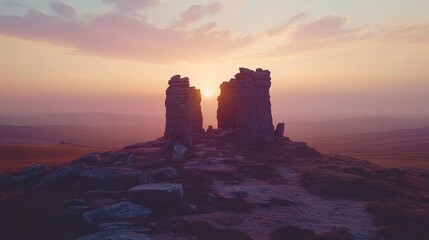 Sunrise over ancient stone towers on a misty mountaintop