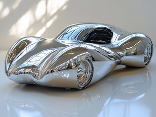 a futuristic, metallic car sculpture with a smooth, flowing design. The sculpture is made of polished metal, reflecting the surrounding environment. The shape is abstract 