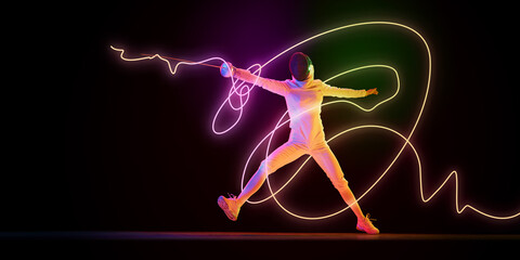 Fencer in white uniform lunging with sword extended, neon orange and green light streaks tracing...