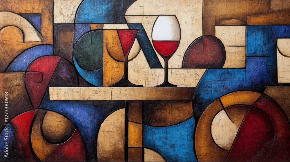 Poster abstract painting showing two wine glasses on a colorful table